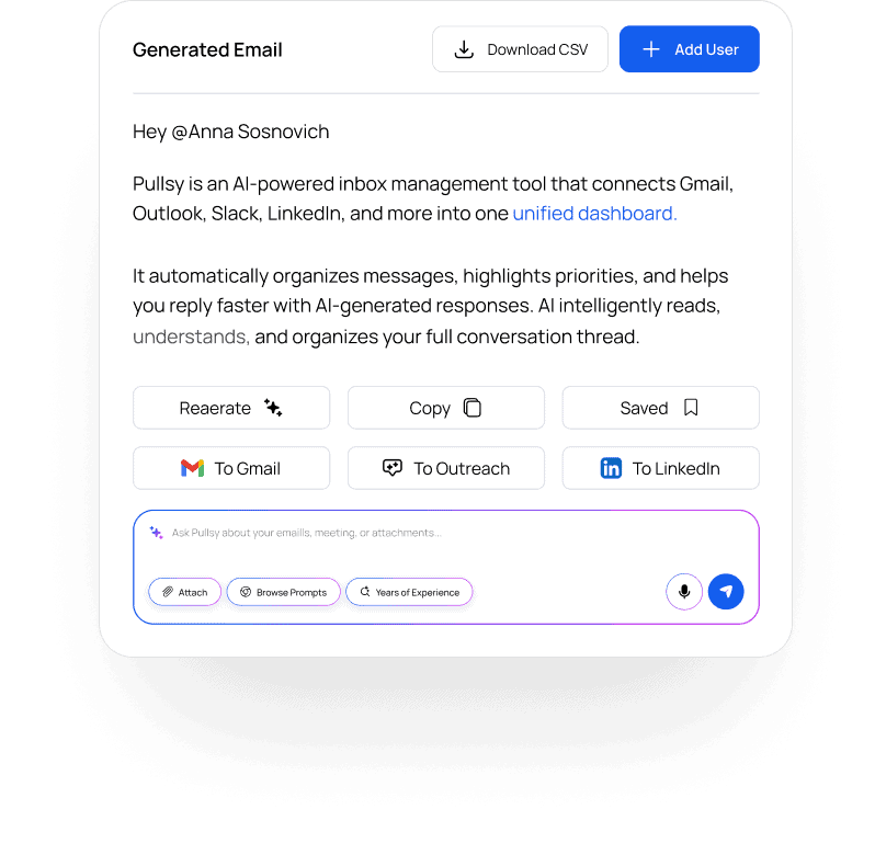 AI-powered inbox management tool connecting Gmail, Outlook, Slack, and LinkedIn.
