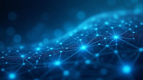 High-tech digital network with glowing connections and data points for innovative technology themes.