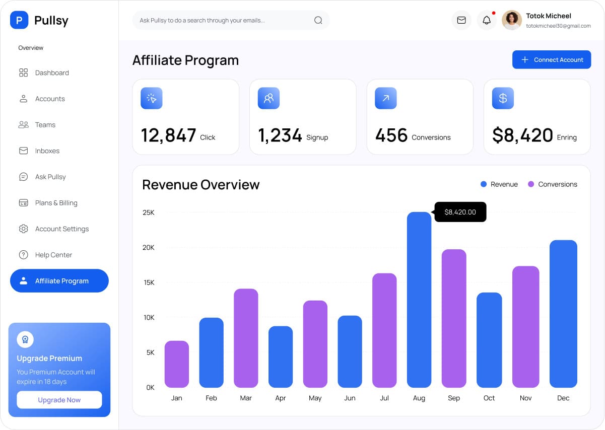 Affiliate marketing dashboard with revenue, clicks, and conversions on Pullsy platform.
